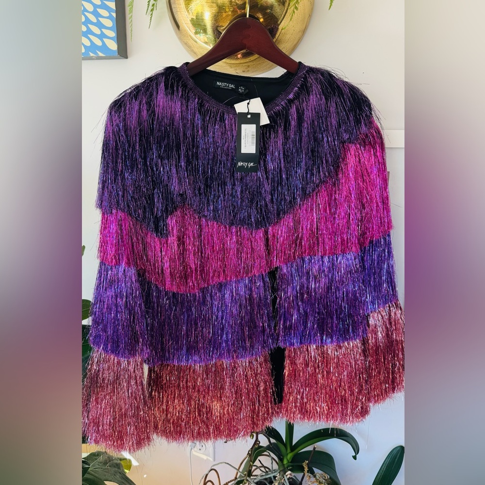 NastyGal Metallic Tiered Tinsel Fringe Open Front New Years Statement Jacket 8